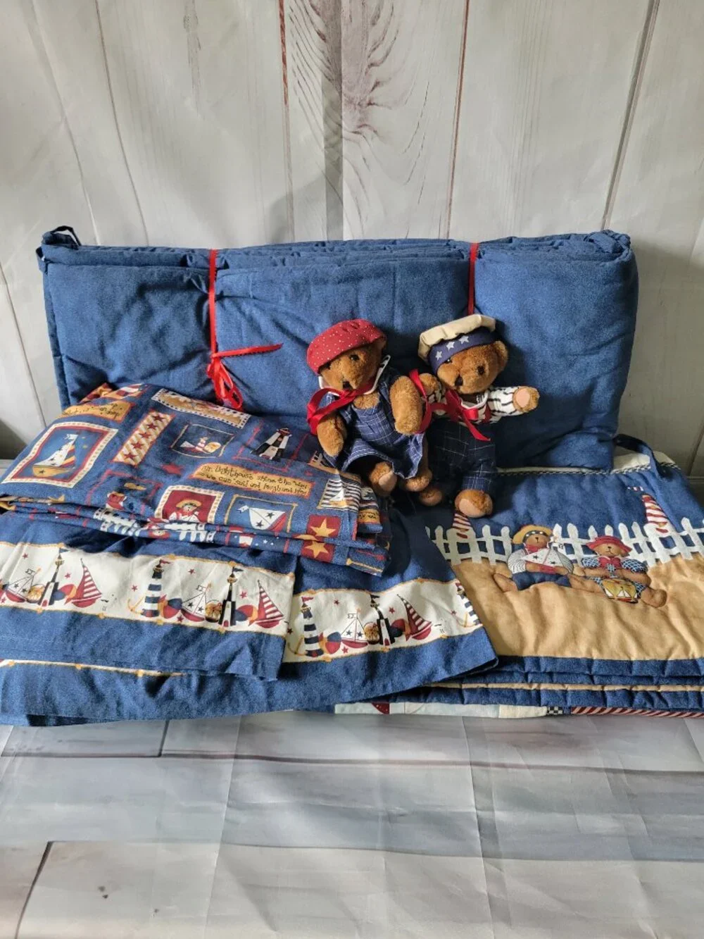 Blue Jean Teddy Daisy Kingdom Sailor Bear Americana Complete Sailboat Lighthouse